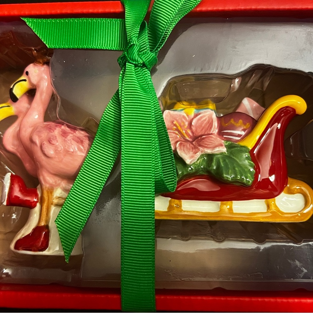 Blue Sky Christmas Flamingo Salt & Pepper Set Costal Holiday